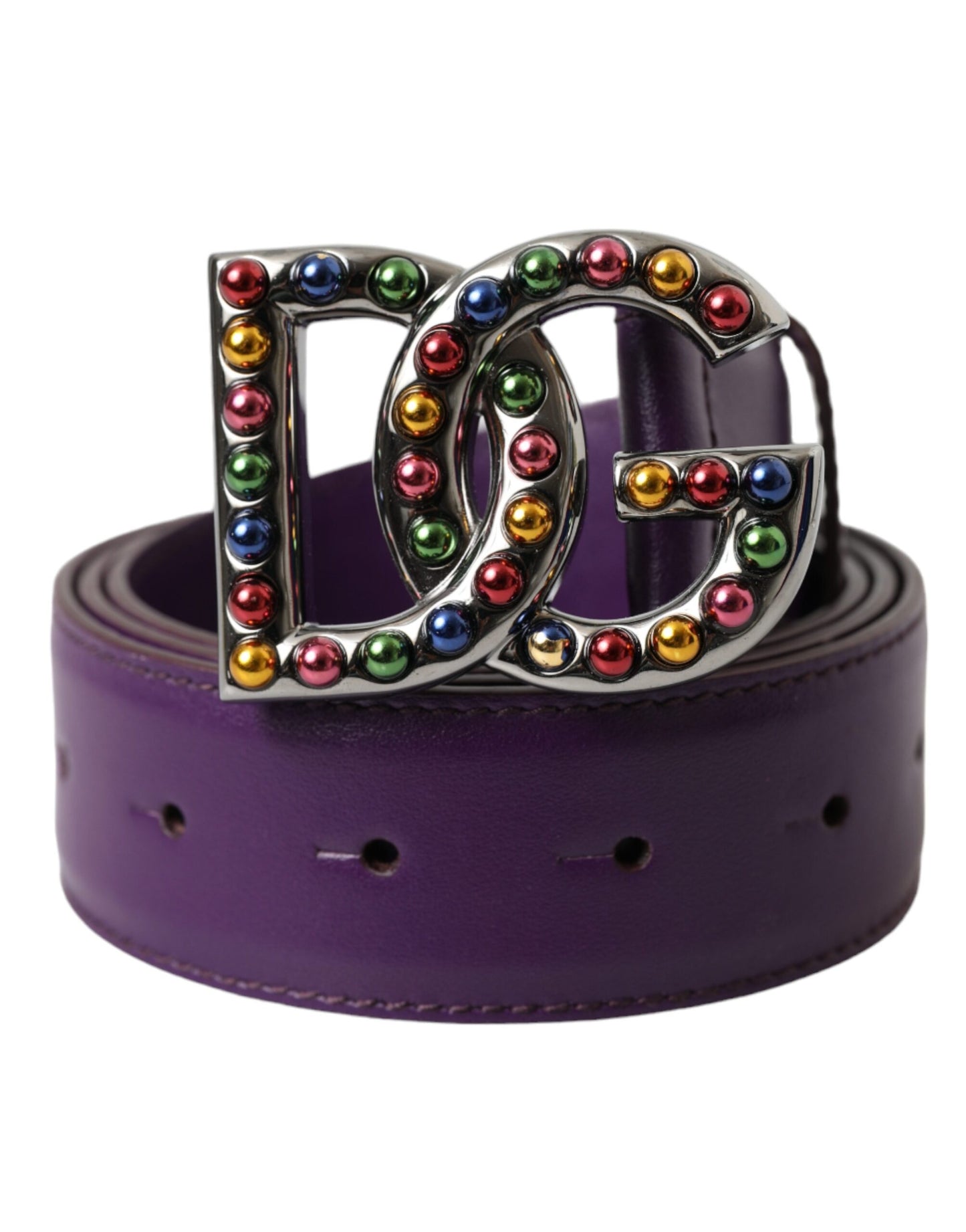 Dolce &amp; Gabbana Purple Leather DG Logo Studded Metal Buckle Belt