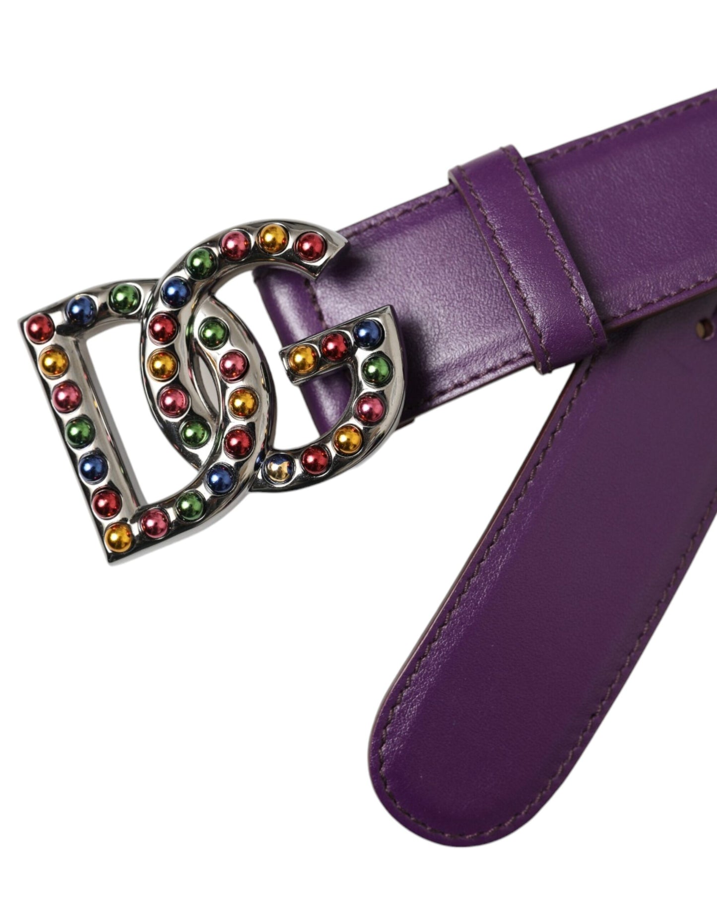 Dolce &amp; Gabbana Purple Leather DG Logo Studded Metal Buckle Belt