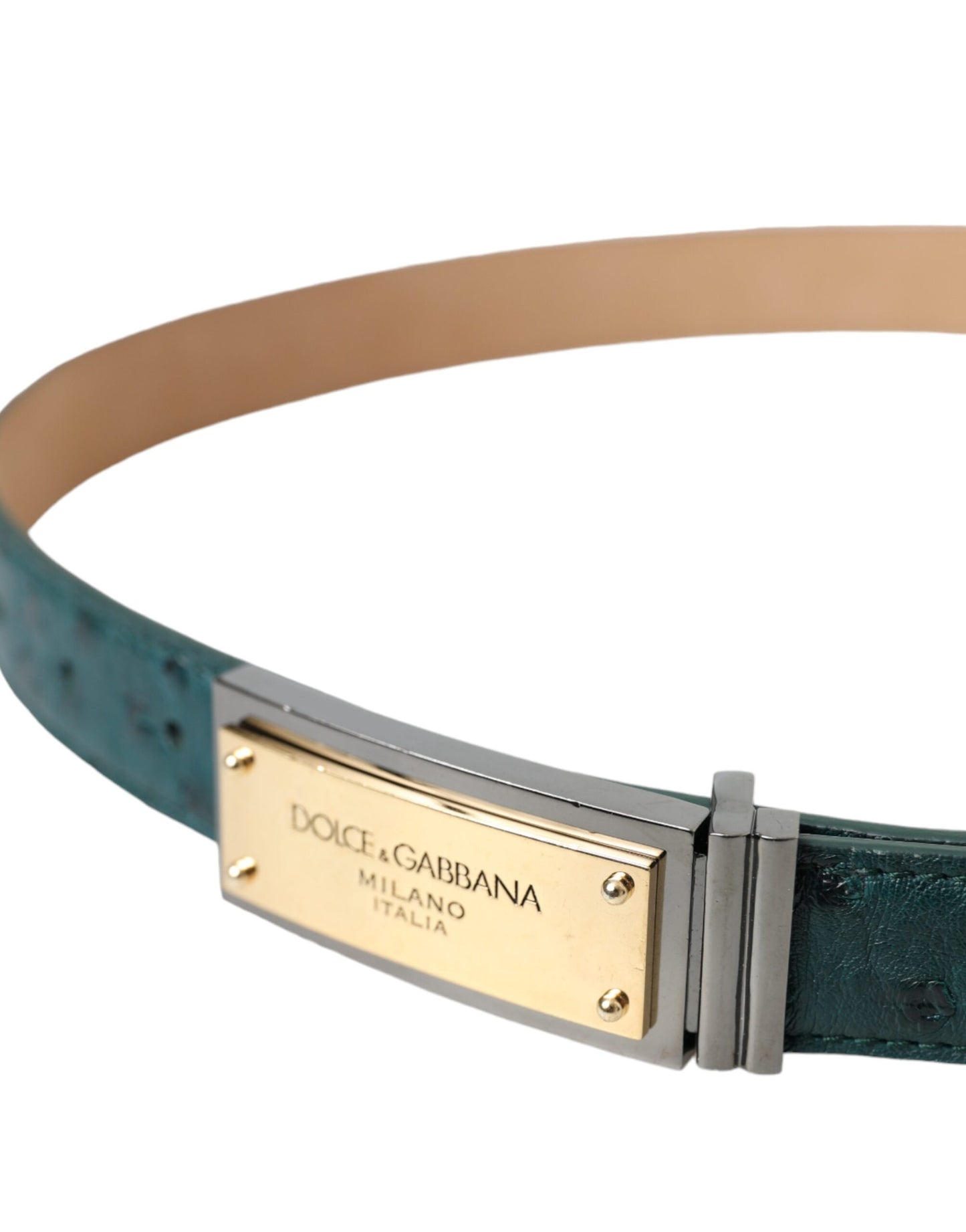 Dolce &amp; Gabbana Green Leather Gold Logo Engraved Buckle Belt