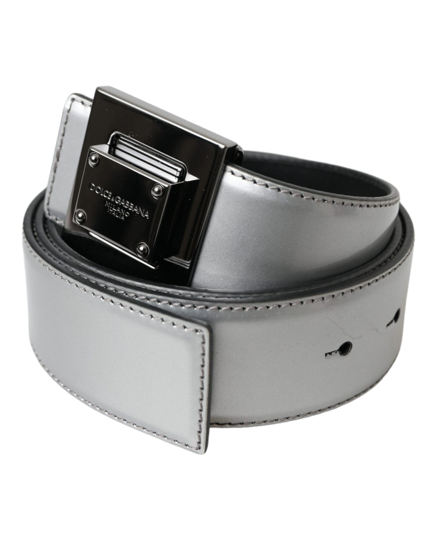 Dolce &amp; Gabbana Silver leather belt with square metal buckle