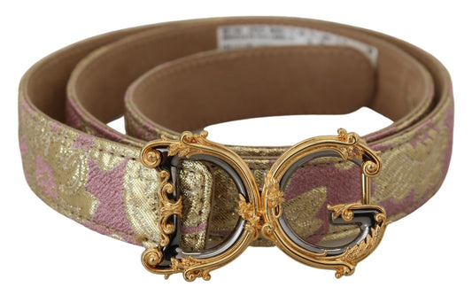 Dolce &amp; Gabbana Pink Jaquard DG Logo Gold Metal Buckle Belt