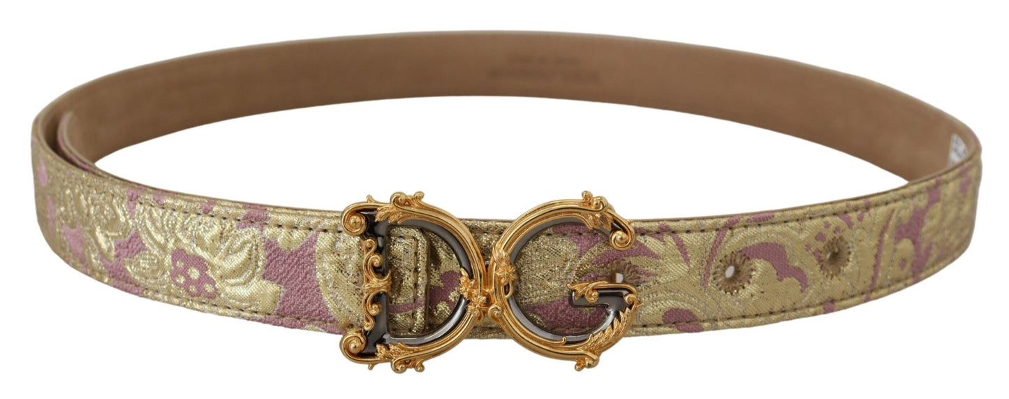 Dolce &amp; Gabbana Pink Jaquard DG Logo Gold Metal Buckle Belt