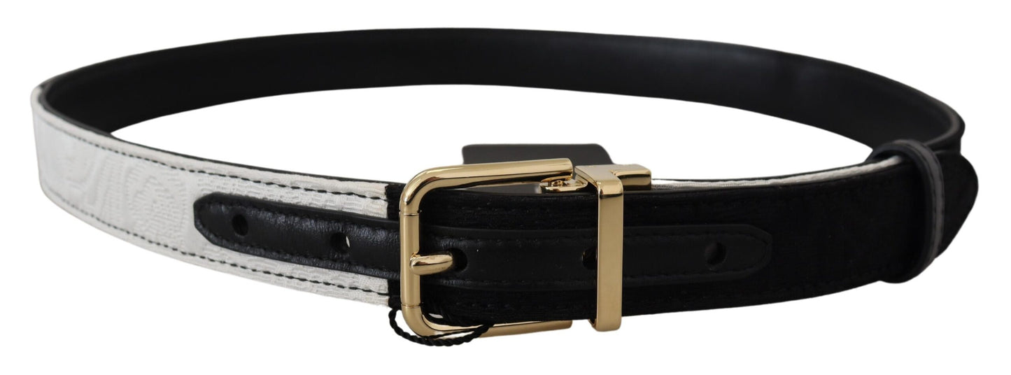 Dolce &amp; Gabbana White Black Patchwork Gold Metal Buckle Belt