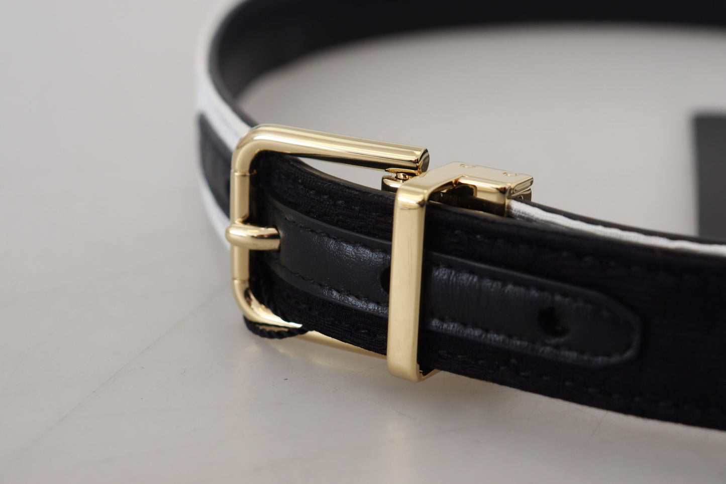 Dolce &amp; Gabbana White Black Patchwork Gold Metal Buckle Belt