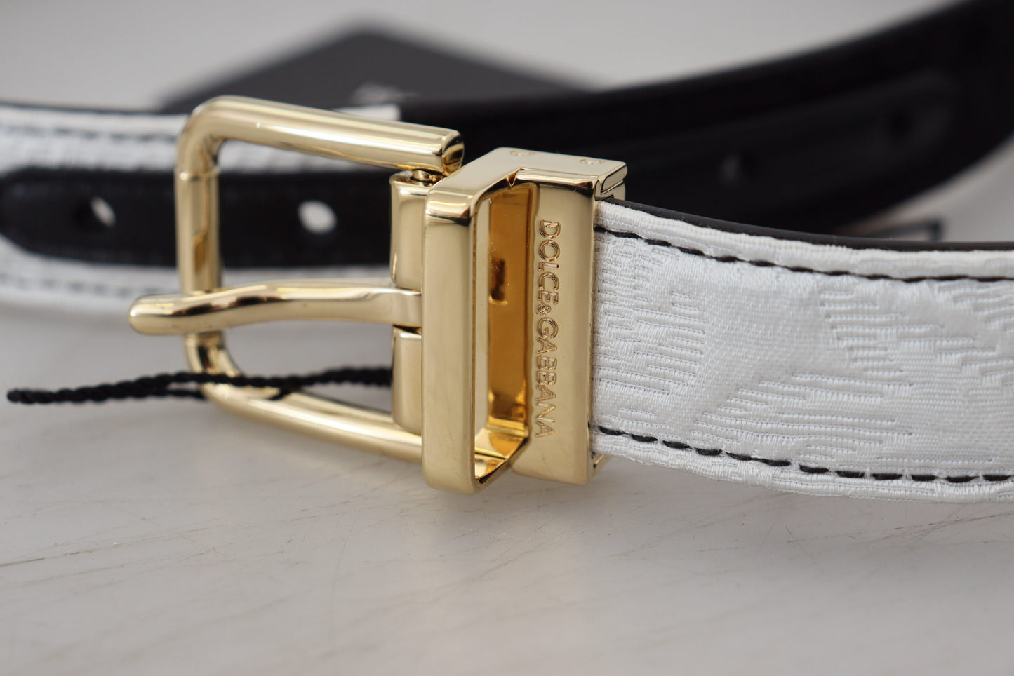 Dolce &amp; Gabbana White Black Patchwork Gold Metal Buckle Belt