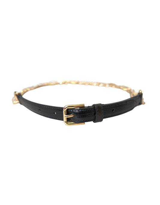 Dolce &amp; Gabbana Black Leather Gold Chain Crystal Waist Women Belt