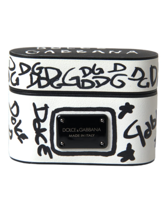 Dolce & Gabbana Schwarzes weißes Leder Scribble mit geprägtem Logo Airpods Etui