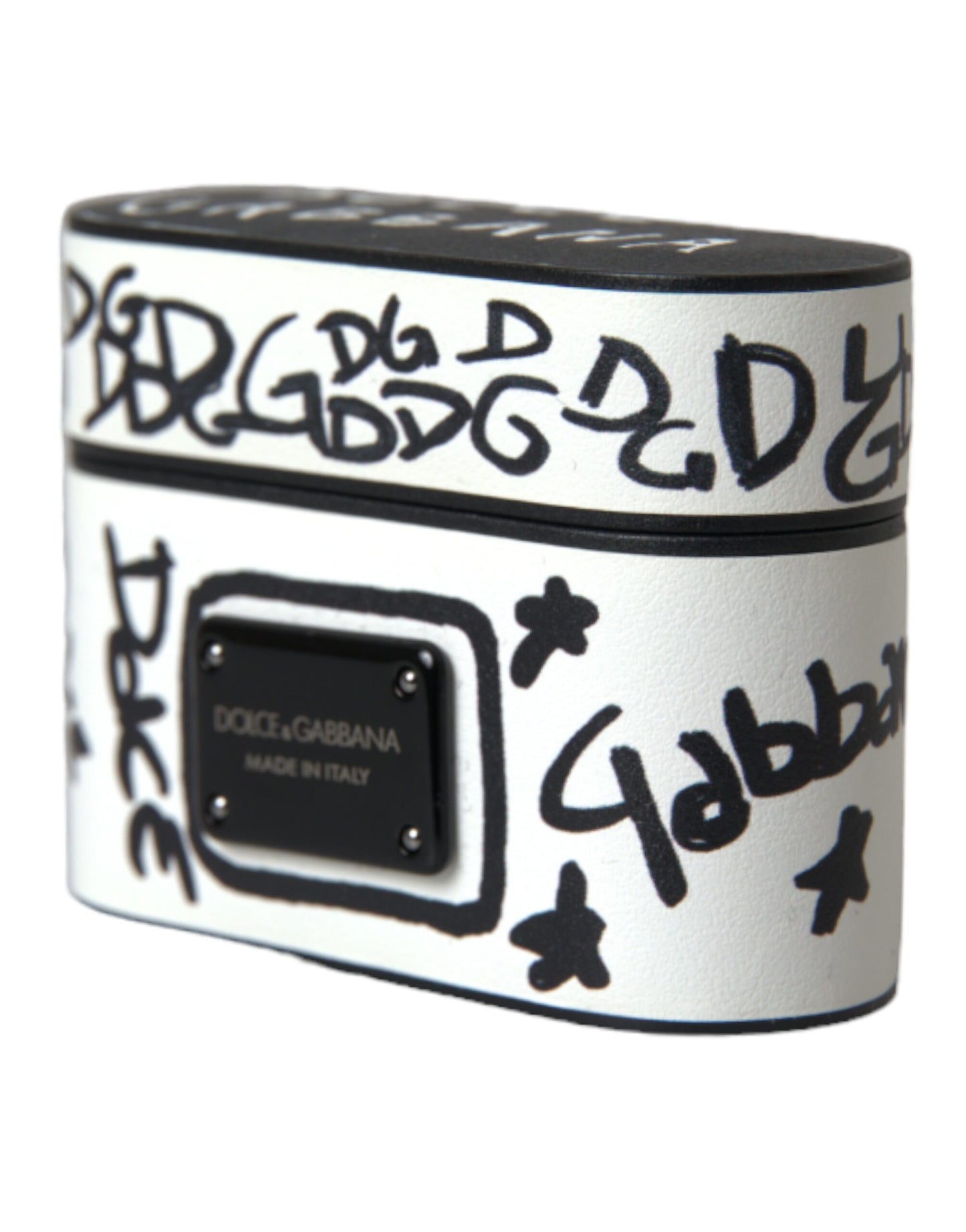 Dolce & Gabbana Schwarzes weißes Leder Scribble mit geprägtem Logo Airpods Etui