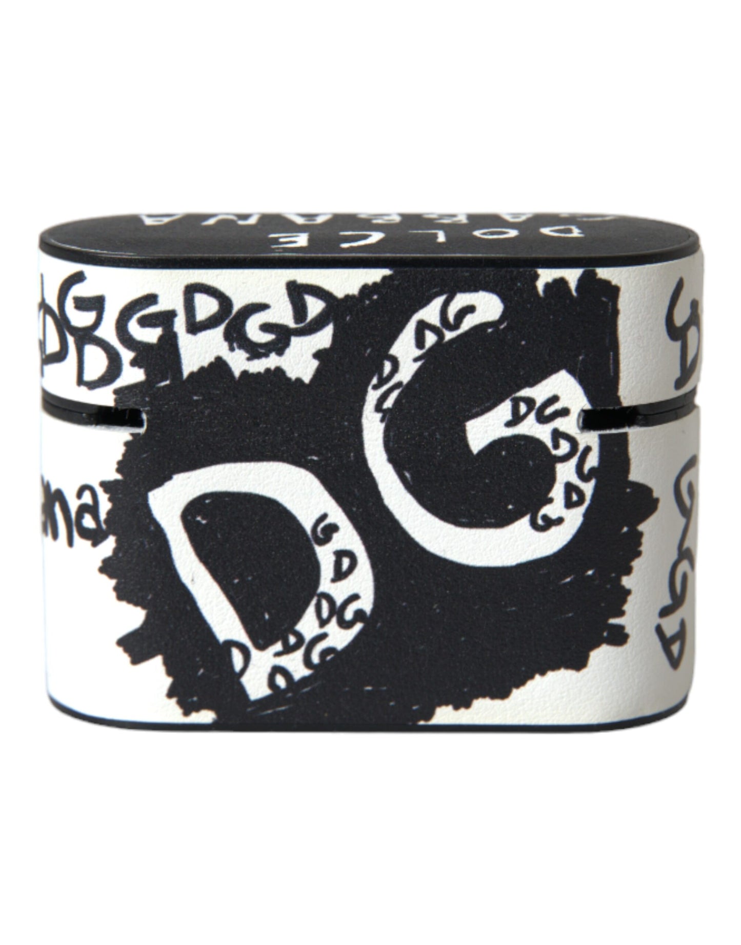 Dolce & Gabbana Schwarzes weißes Leder Scribble mit geprägtem Logo Airpods Etui