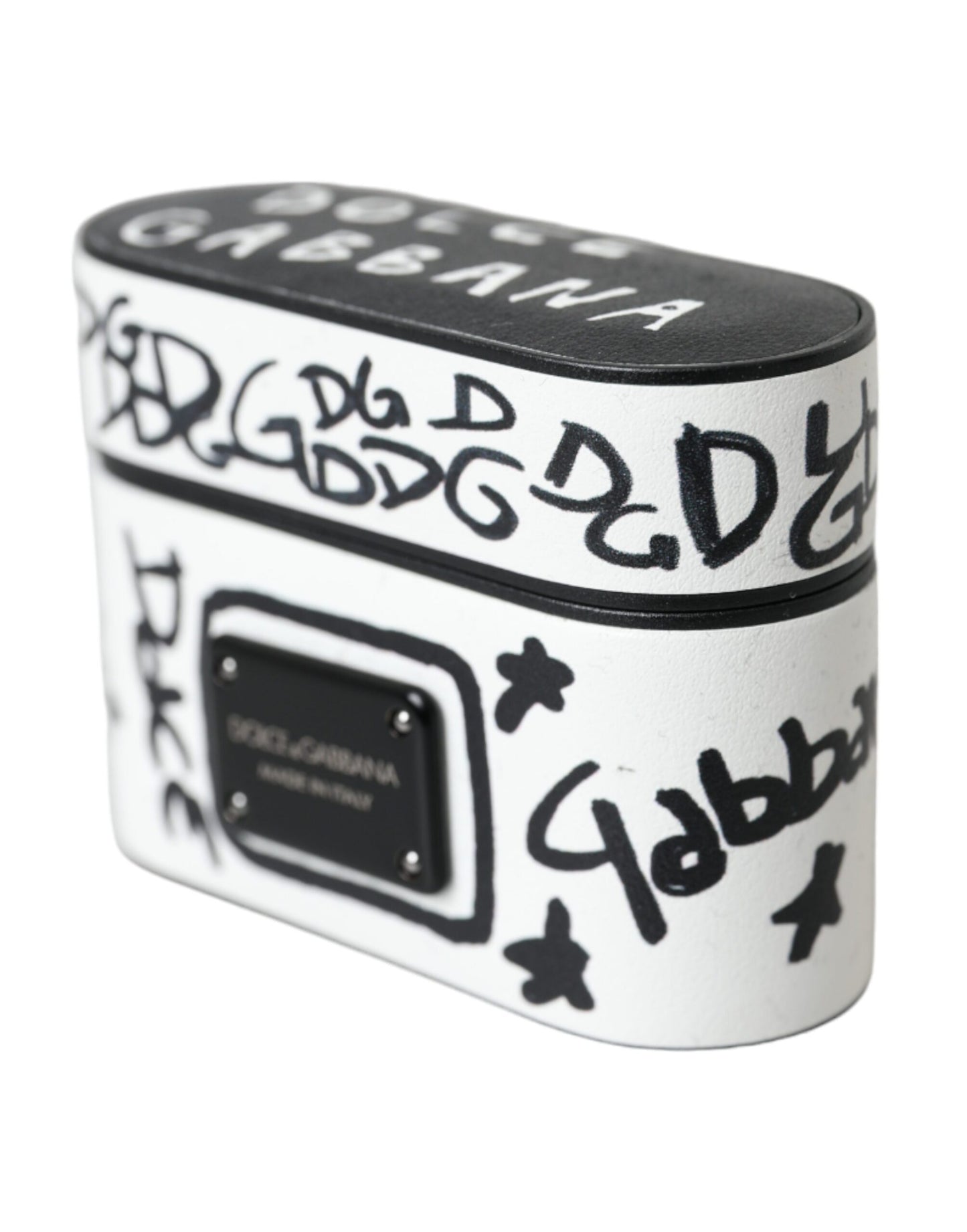 Dolce & Gabbana Schwarzes weißes Leder Scribble mit geprägtem Logo Airpods Etui