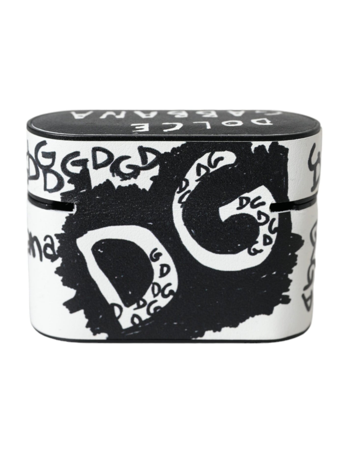 Dolce & Gabbana Schwarzes weißes Leder Scribble mit geprägtem Logo Airpods Etui