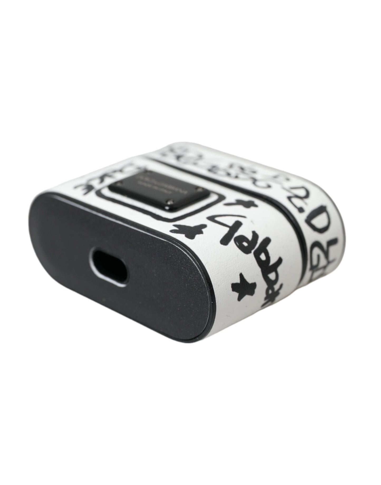 Dolce & Gabbana Schwarzes weißes Leder Scribble mit geprägtem Logo Airpods Etui