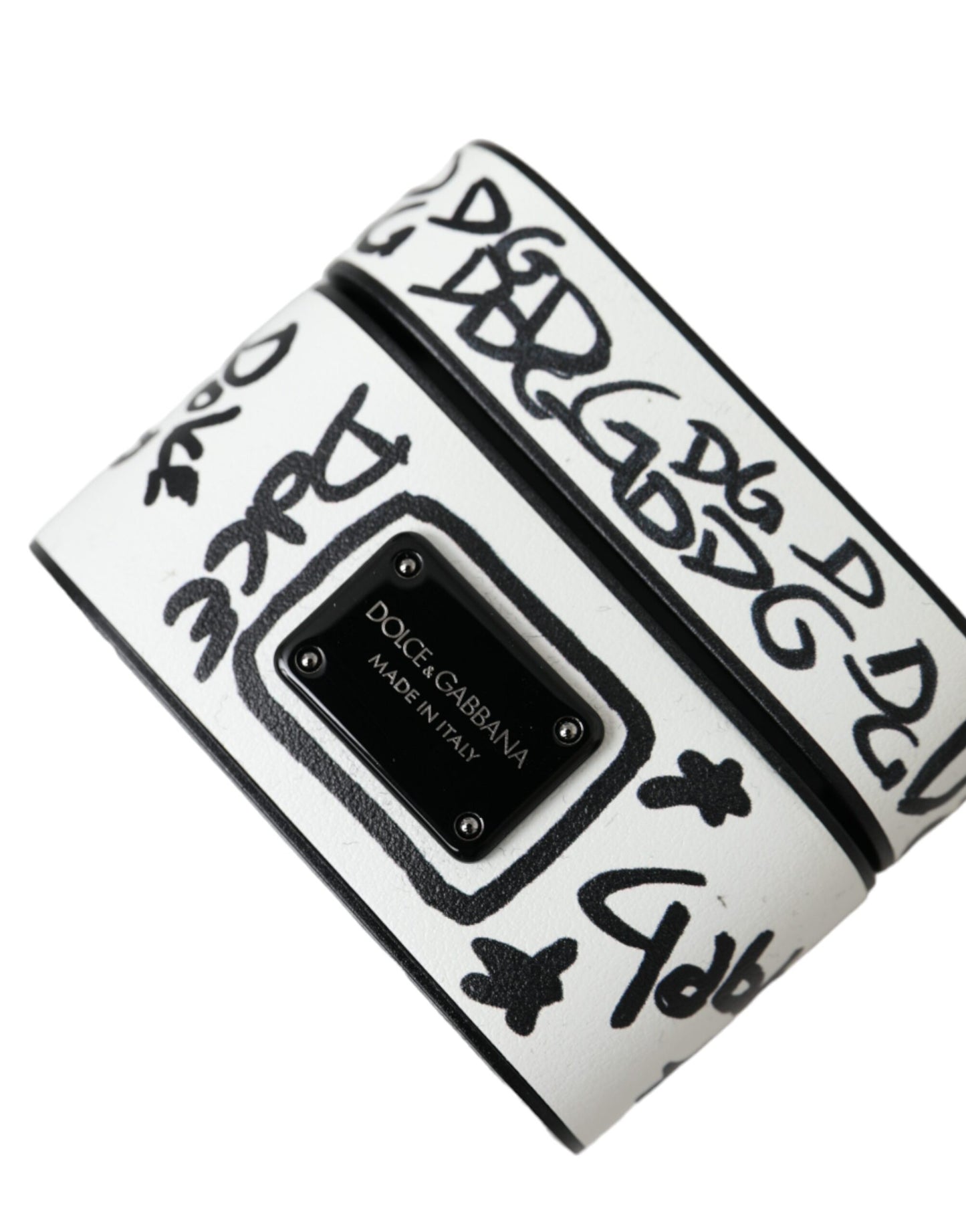 Dolce & Gabbana Schwarzes weißes Leder Scribble mit geprägtem Logo Airpods Etui