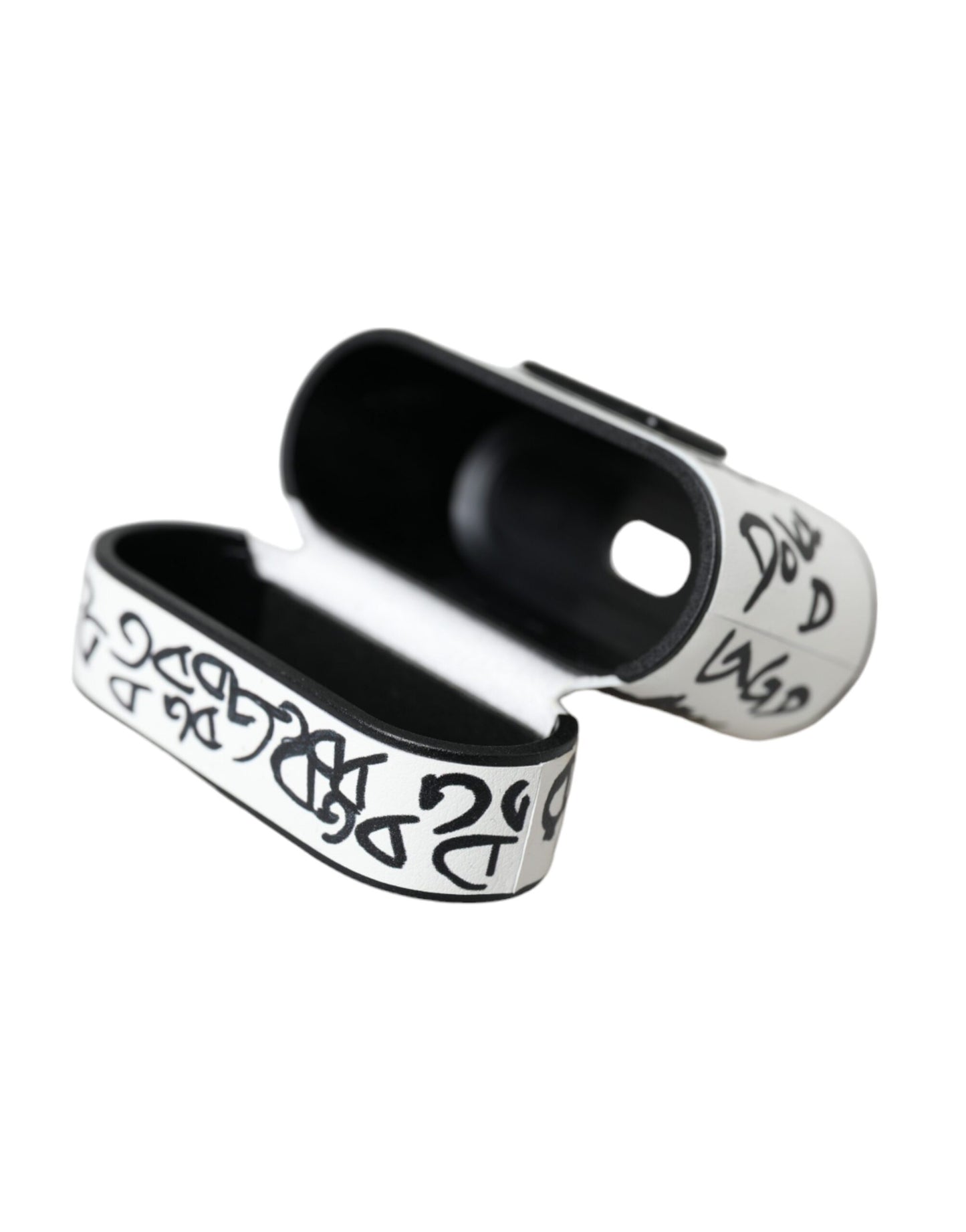 Dolce & Gabbana Schwarzes weißes Leder Scribble mit geprägtem Logo Airpods Etui