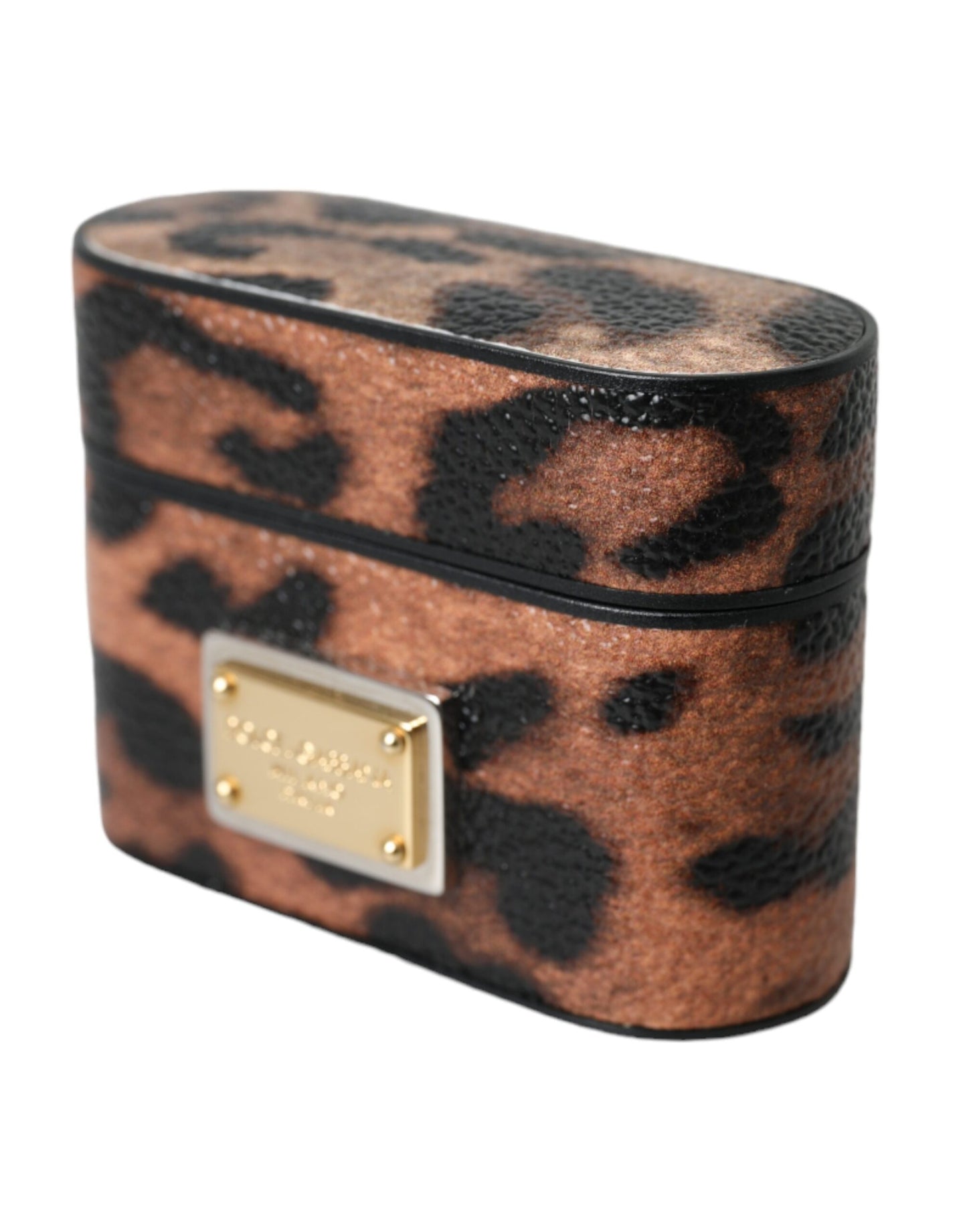 Dolce &amp; Gabbana Brown Leopard Calfskin Logo Plaque Airpods Case