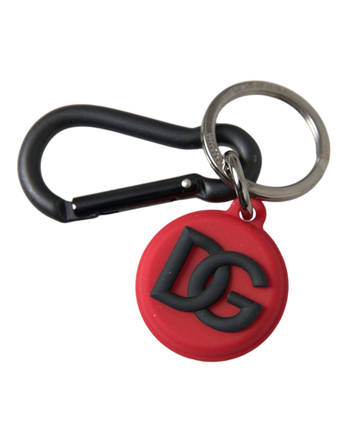 Dolce &amp; Gabbana Red Rubber DG Logo Round Metal Brass Keyring Keychain