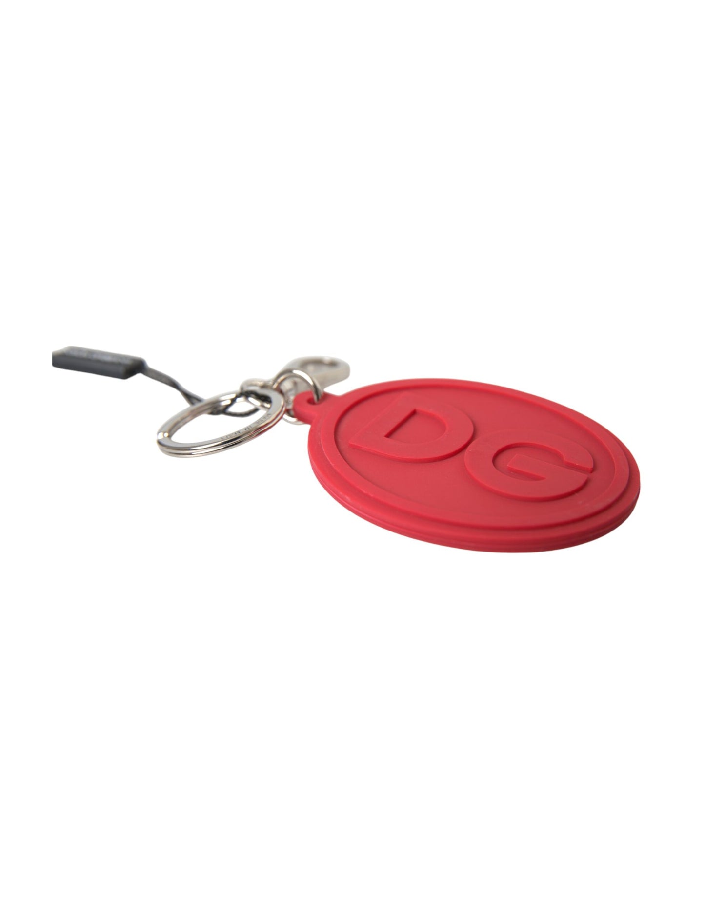 Dolce &amp; Gabbana Red Rubber DG Logo Silver Brass Metal Keyring Keychain