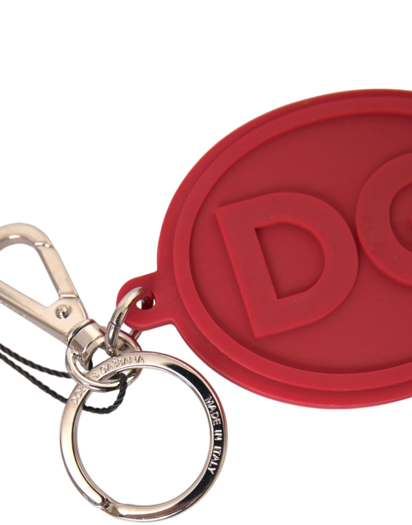 Dolce &amp; Gabbana Red Rubber DG Logo Silver Brass Metal Keyring Keychain