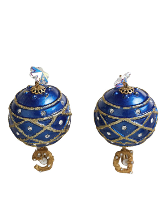 Dolce &amp; Gabbana Gold Brass Blue Dangle Christmas Ball Crystal Clip on Earrings