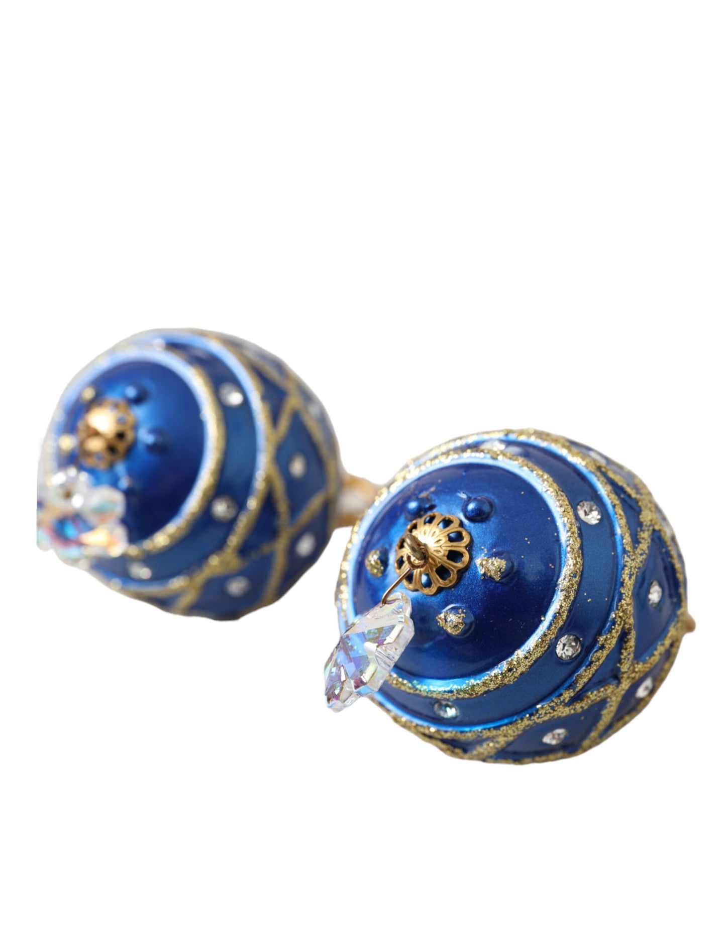 Dolce &amp; Gabbana Gold Brass Blue Dangle Christmas Ball Crystal Clip on Earrings