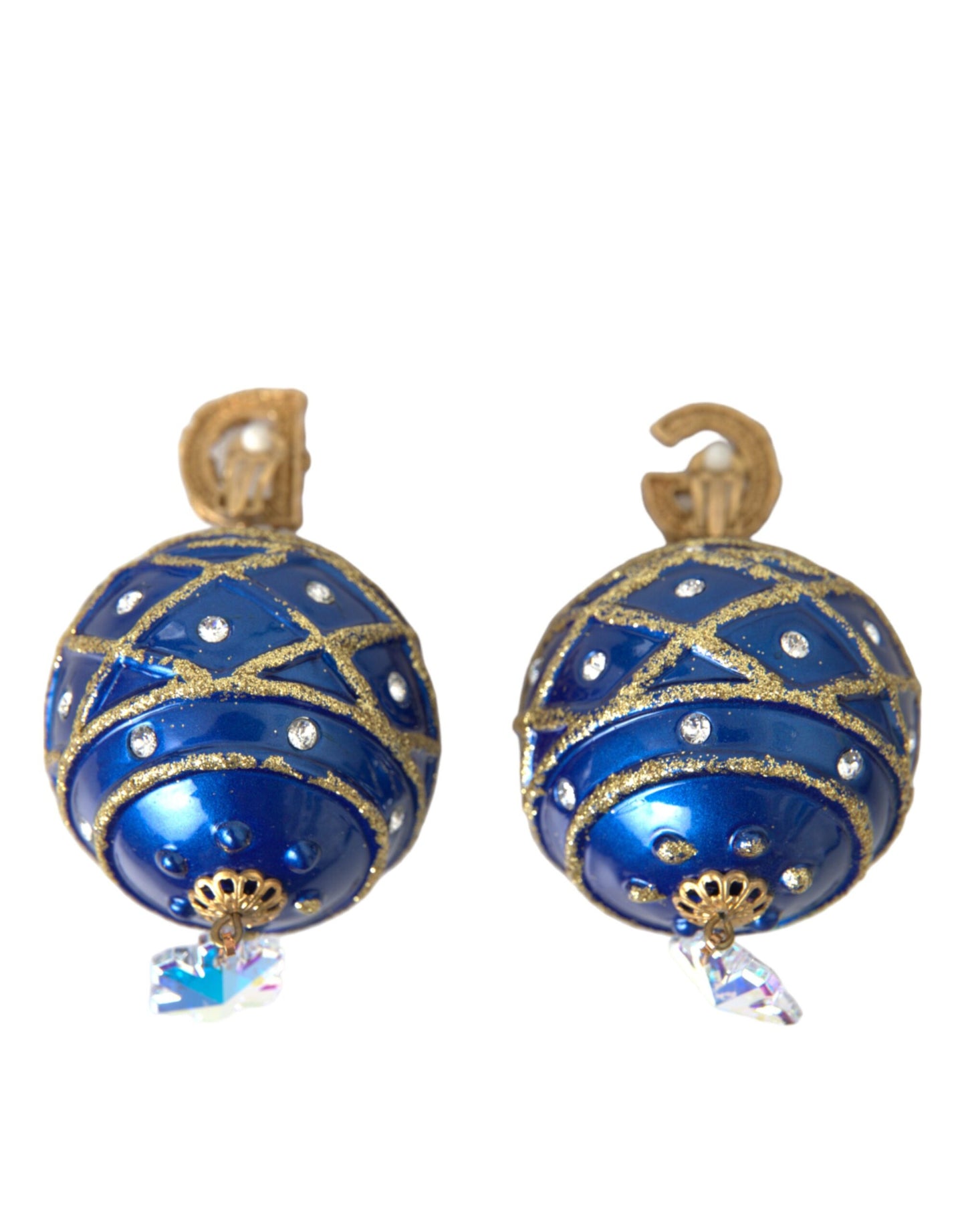 Dolce &amp; Gabbana Gold Brass Blue Dangle Christmas Ball Crystal Clip on Earrings