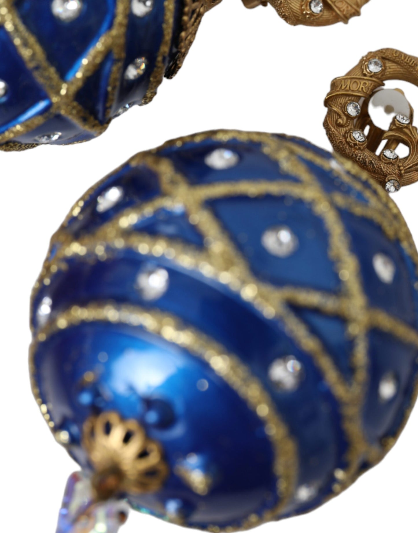 Dolce &amp; Gabbana Gold Brass Blue Dangle Christmas Ball Crystal Clip on Earrings