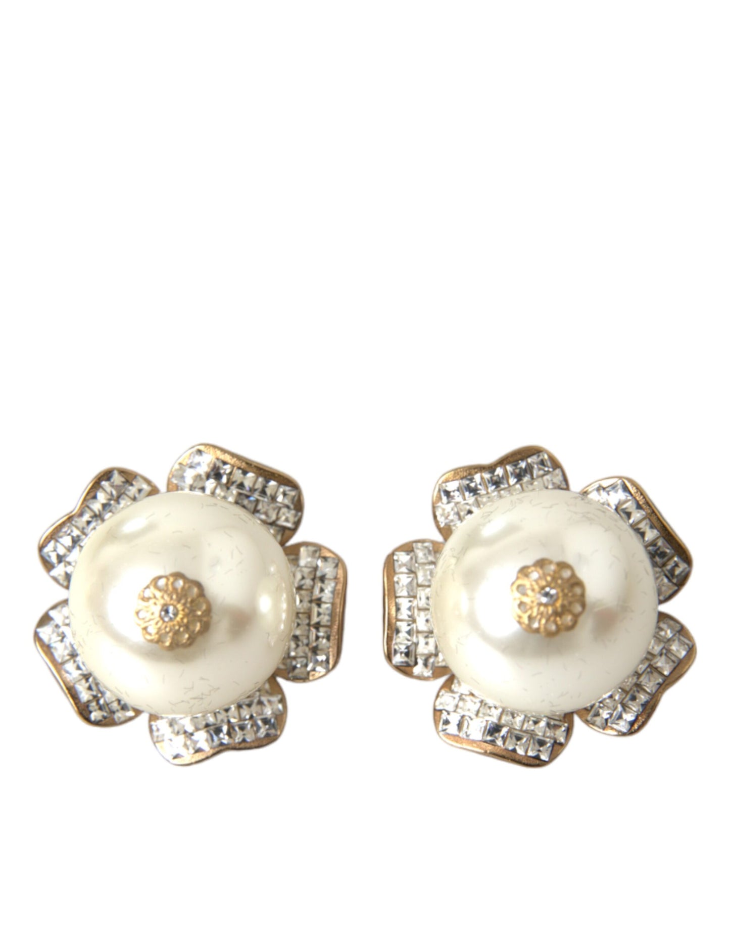 Dolce &amp; Gabbana Gold-Tone Maxi Faux Pearl Floral Clip-On Jewelry Earrings