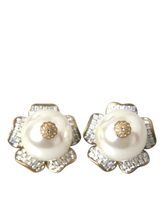 Dolce &amp; Gabbana Gold-Tone Maxi Faux Pearl Floral Clip-On Jewelry Earrings