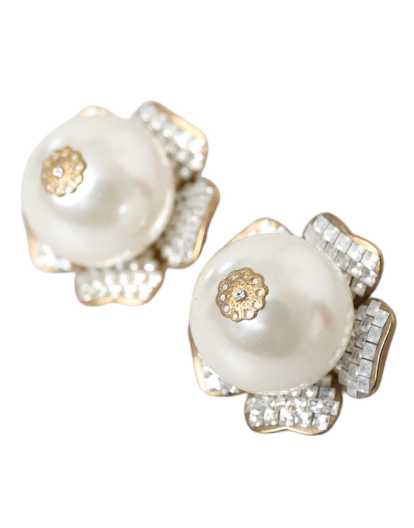 Dolce &amp; Gabbana Gold-Tone Maxi Faux Pearl Floral Clip-On Jewelry Earrings