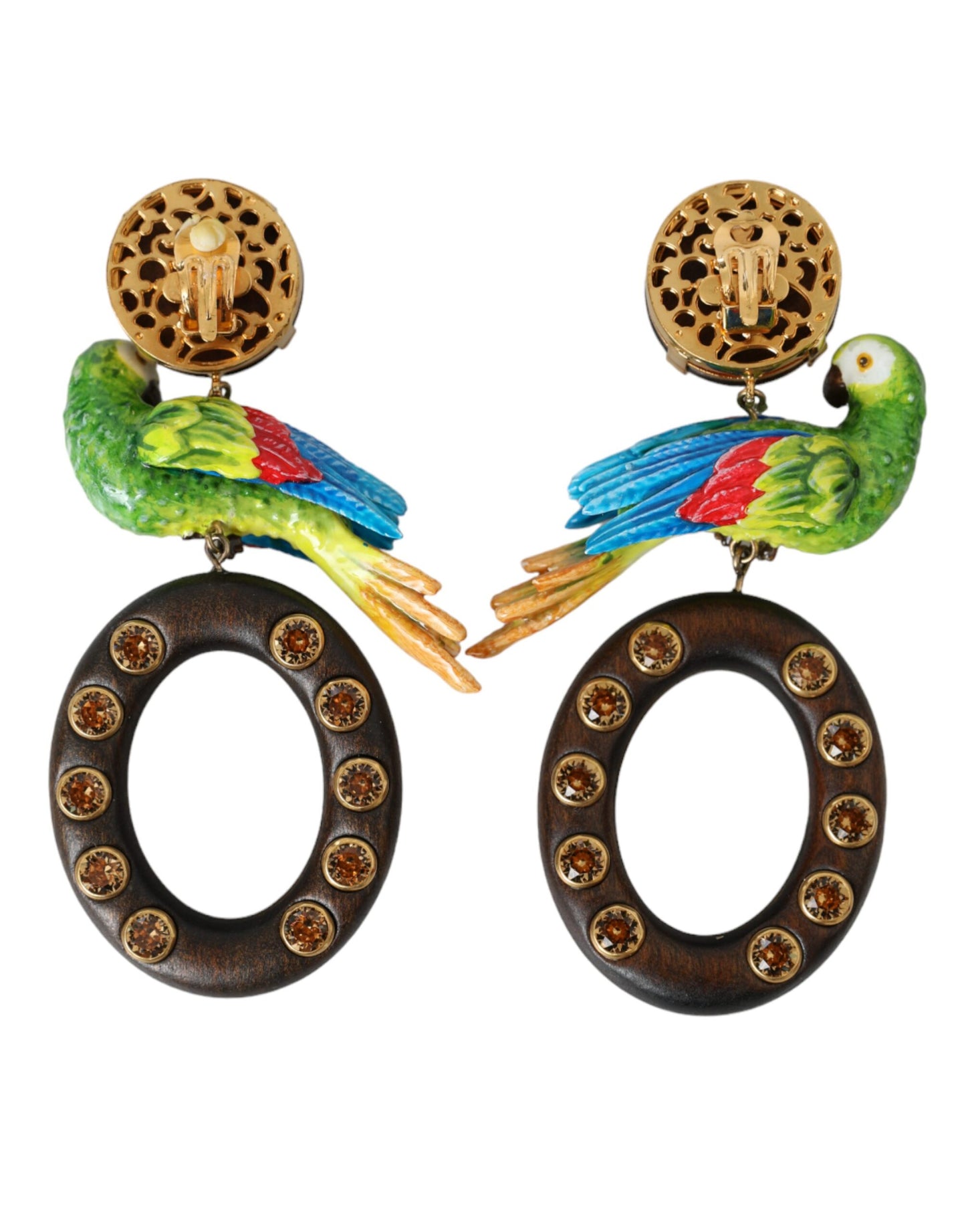 Dolce &amp; Gabbana Multicolor Parrot Wood Brass Crystal Embellished Earring