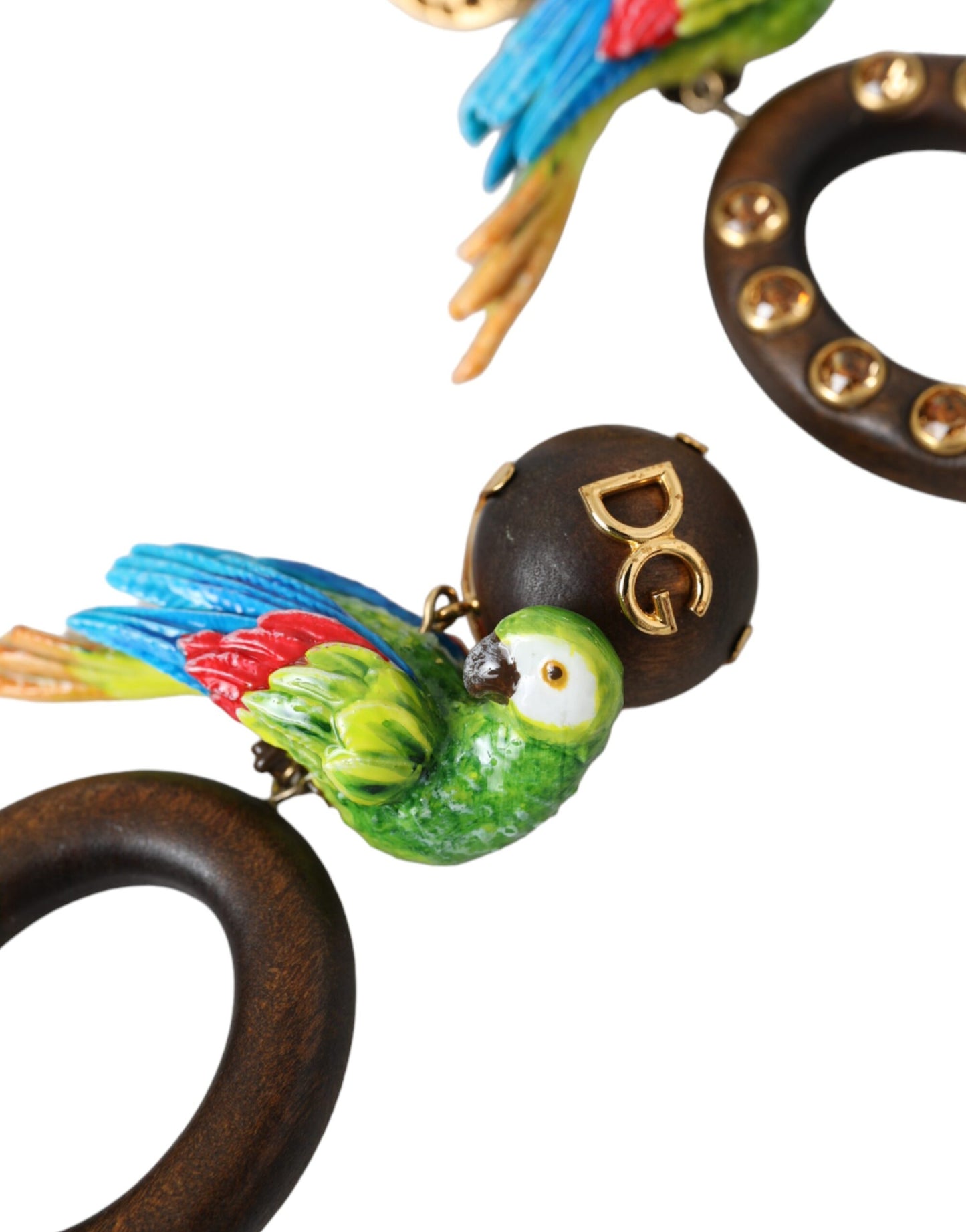 Dolce &amp; Gabbana Multicolor Parrot Wood Brass Crystal Embellished Earring