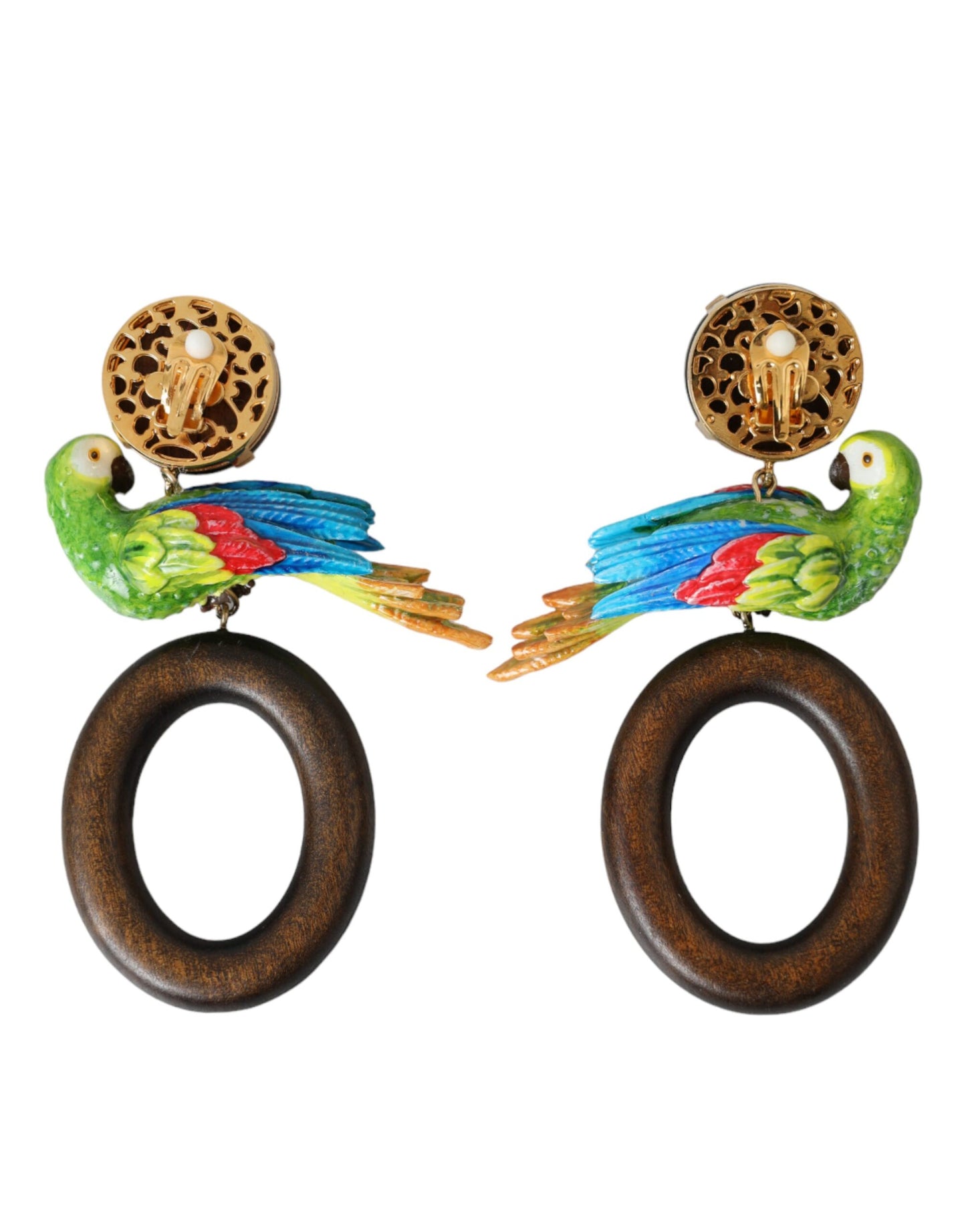 Dolce &amp; Gabbana Multicolor Parrot Wood Brass Crystal Embellished Earrings