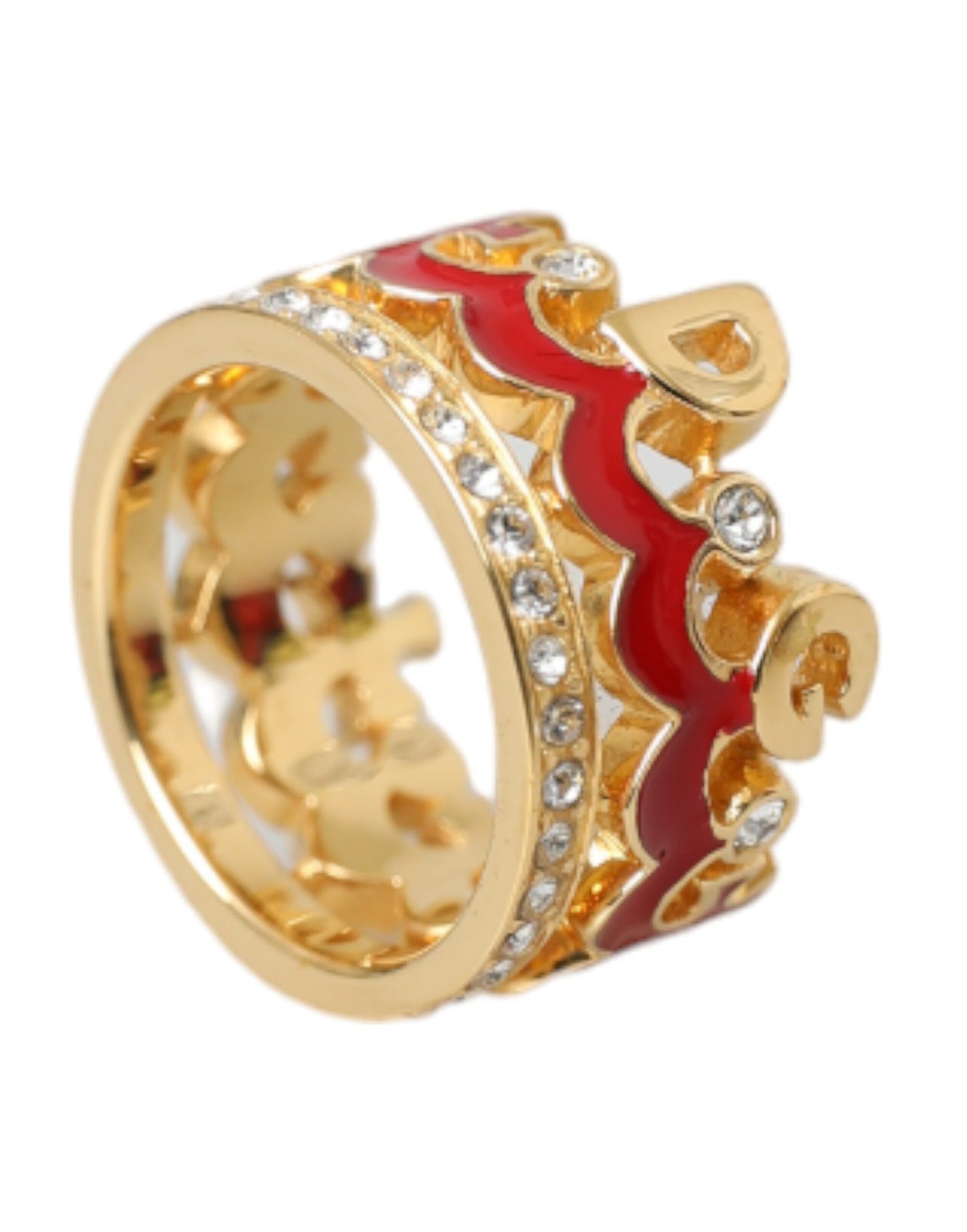 Dolce &amp; Gabbana Gold-Tone Brass Crystal Enamel DG CROWN Statement Ring