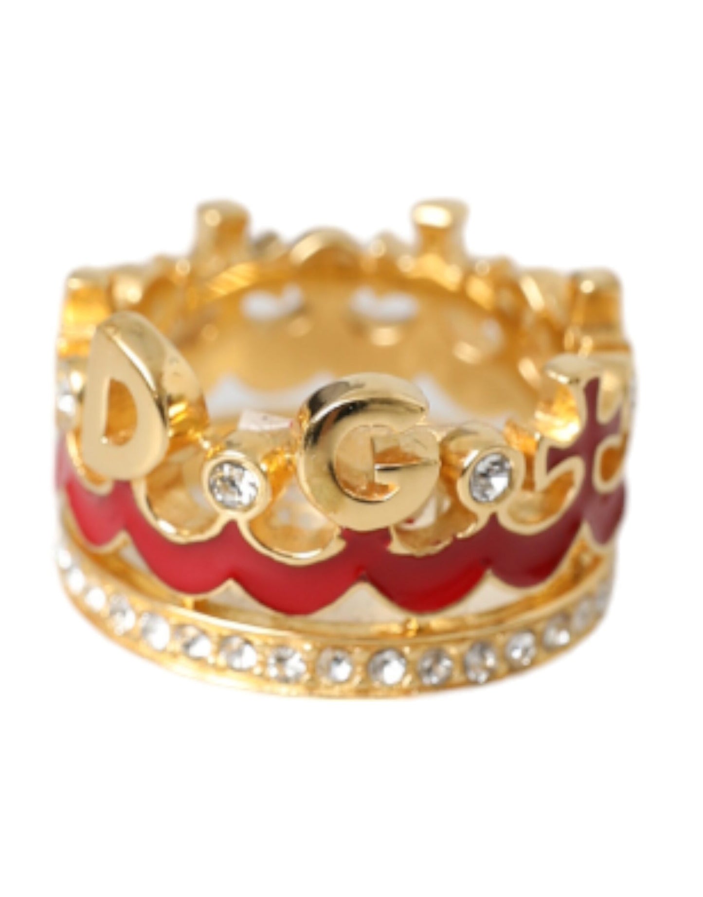 Dolce &amp; Gabbana Gold-Tone Brass Crystal Enamel DG CROWN Statement Ring