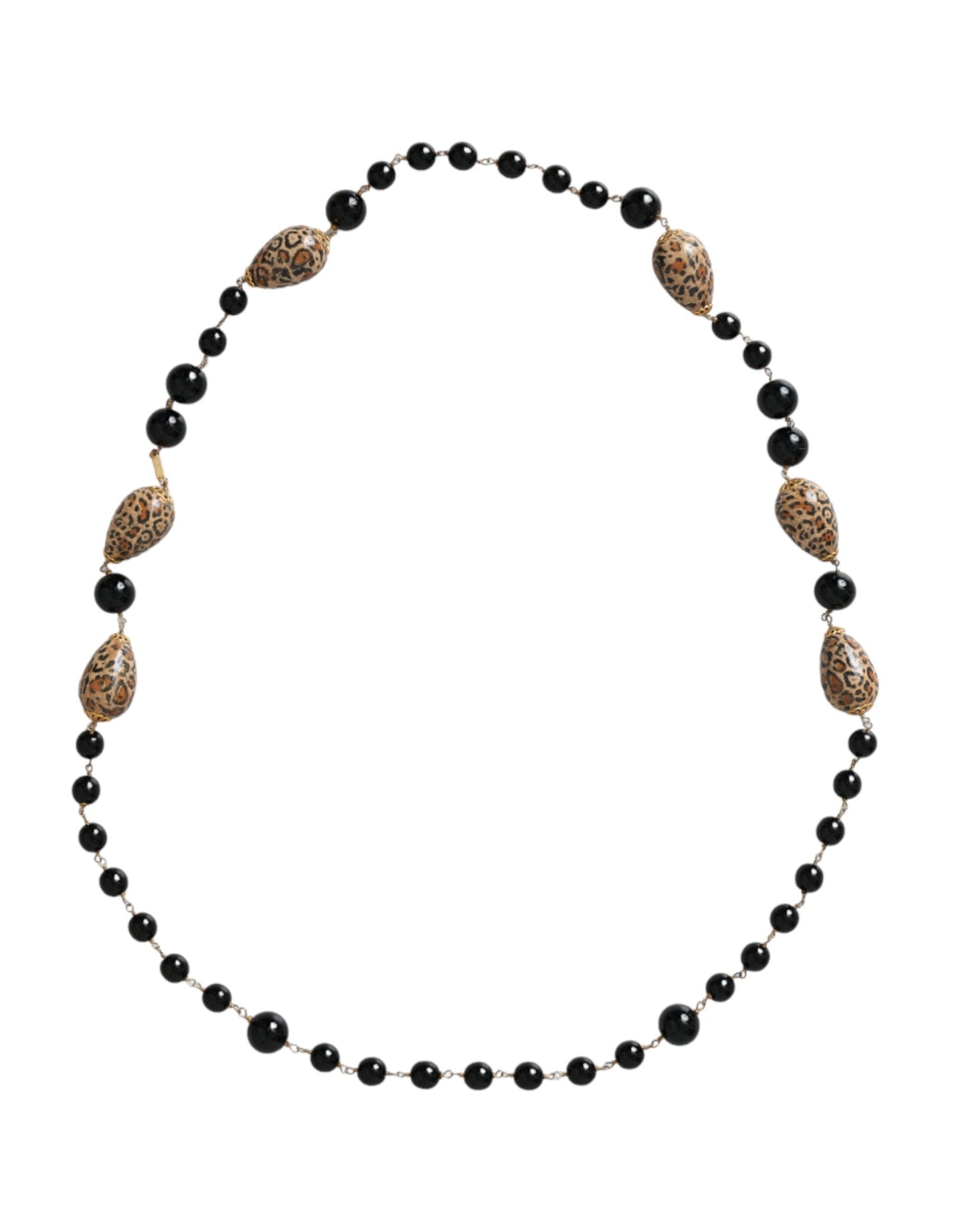 Dolce &amp; Gabbana Gold Tone Brass Black Printed Pearls Long Chain Necklace