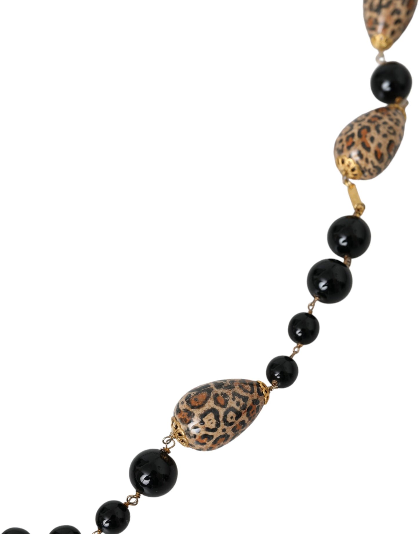 Dolce &amp; Gabbana Gold Tone Brass Black Printed Pearls Long Chain Necklace