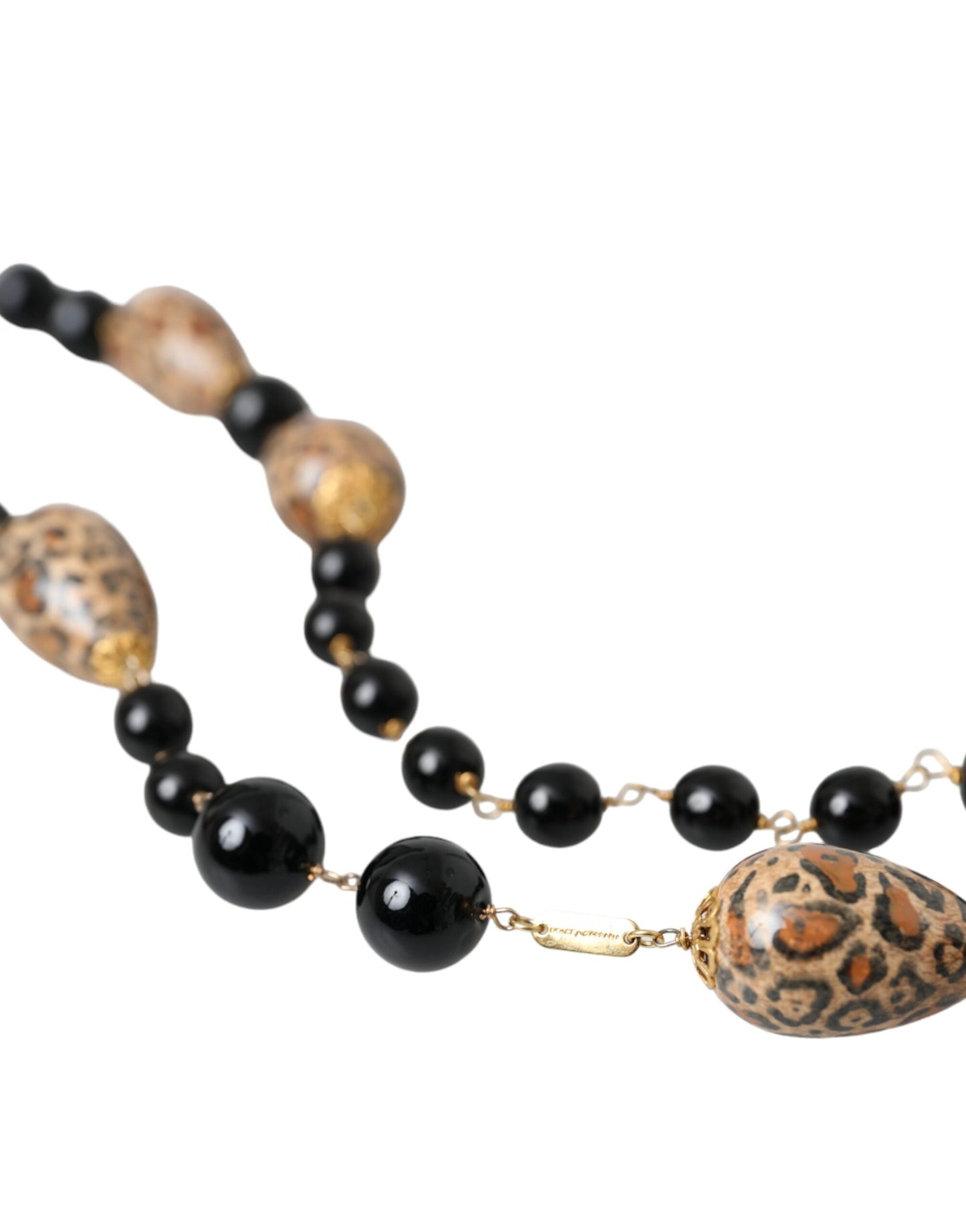 Dolce &amp; Gabbana Gold Tone Brass Black Printed Pearls Long Chain Necklace