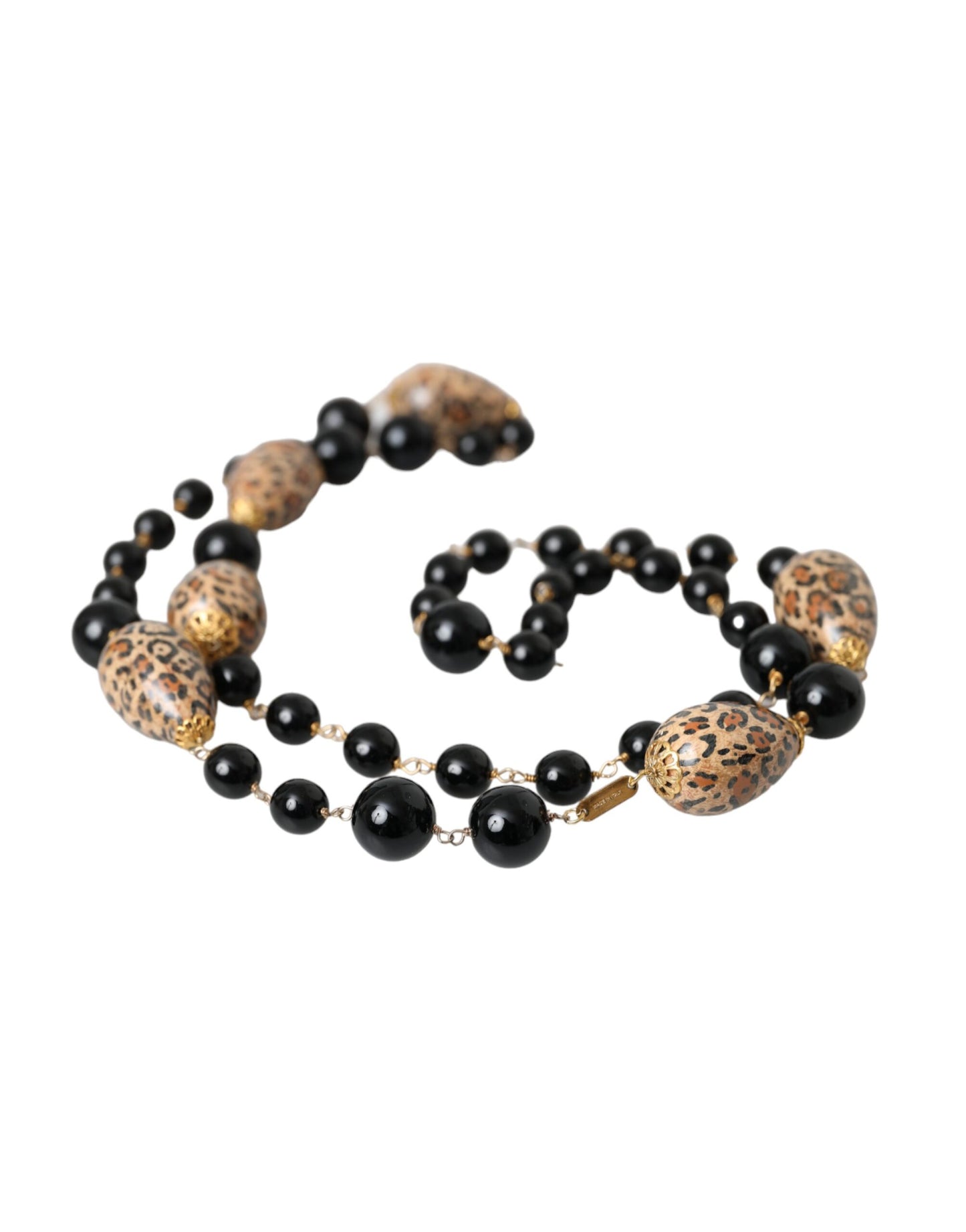 Dolce &amp; Gabbana Gold Tone Brass Black Printed Pearls Long Chain Necklace