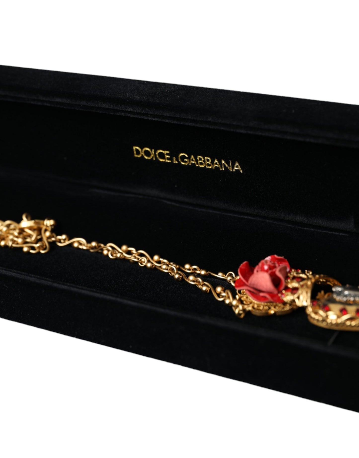 Dolce & Gabbana GoldmessingKette Heiliges Herz Rose Kristall Charme Halskette