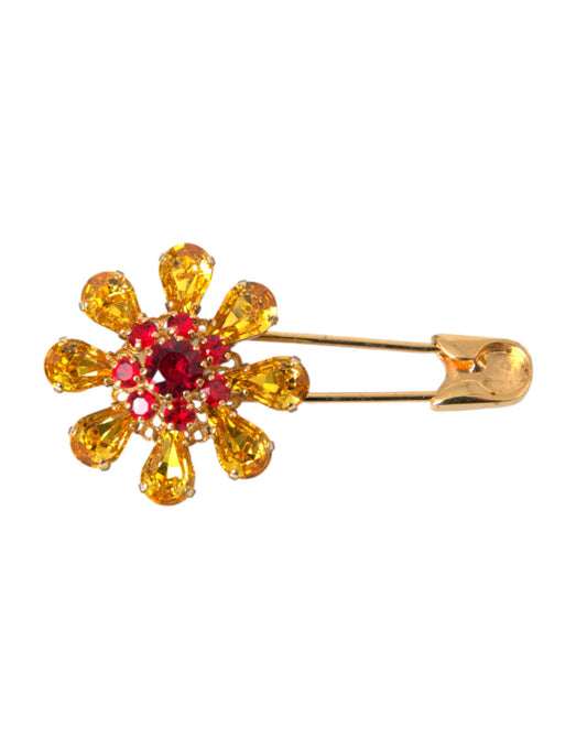 Dolce &amp; Gabbana Gold Brass Floral Crystal Jewelry Brooch Pin