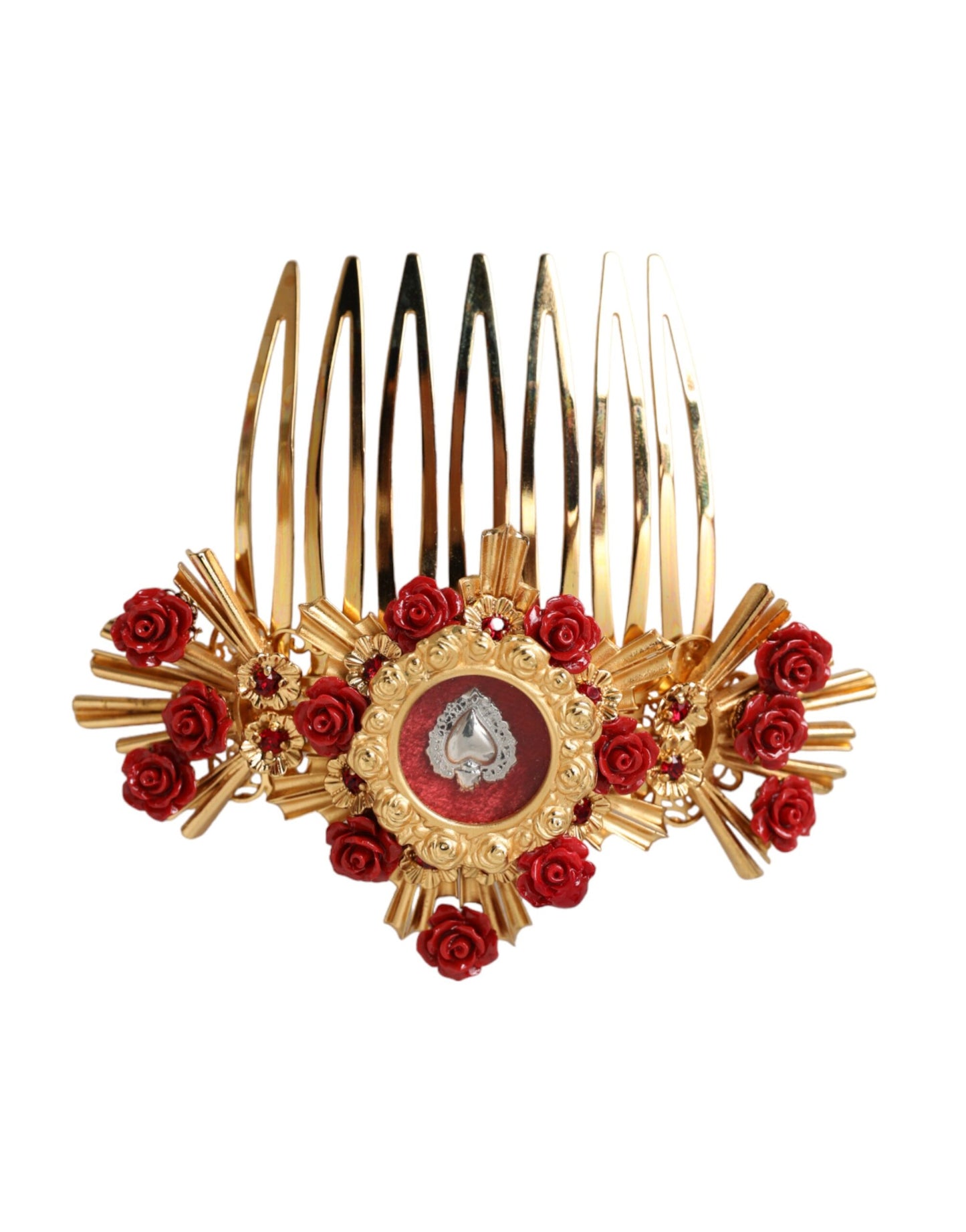 Dolce &amp; Gabbana Gold Brass Crystal Heart Floral Hair Comb