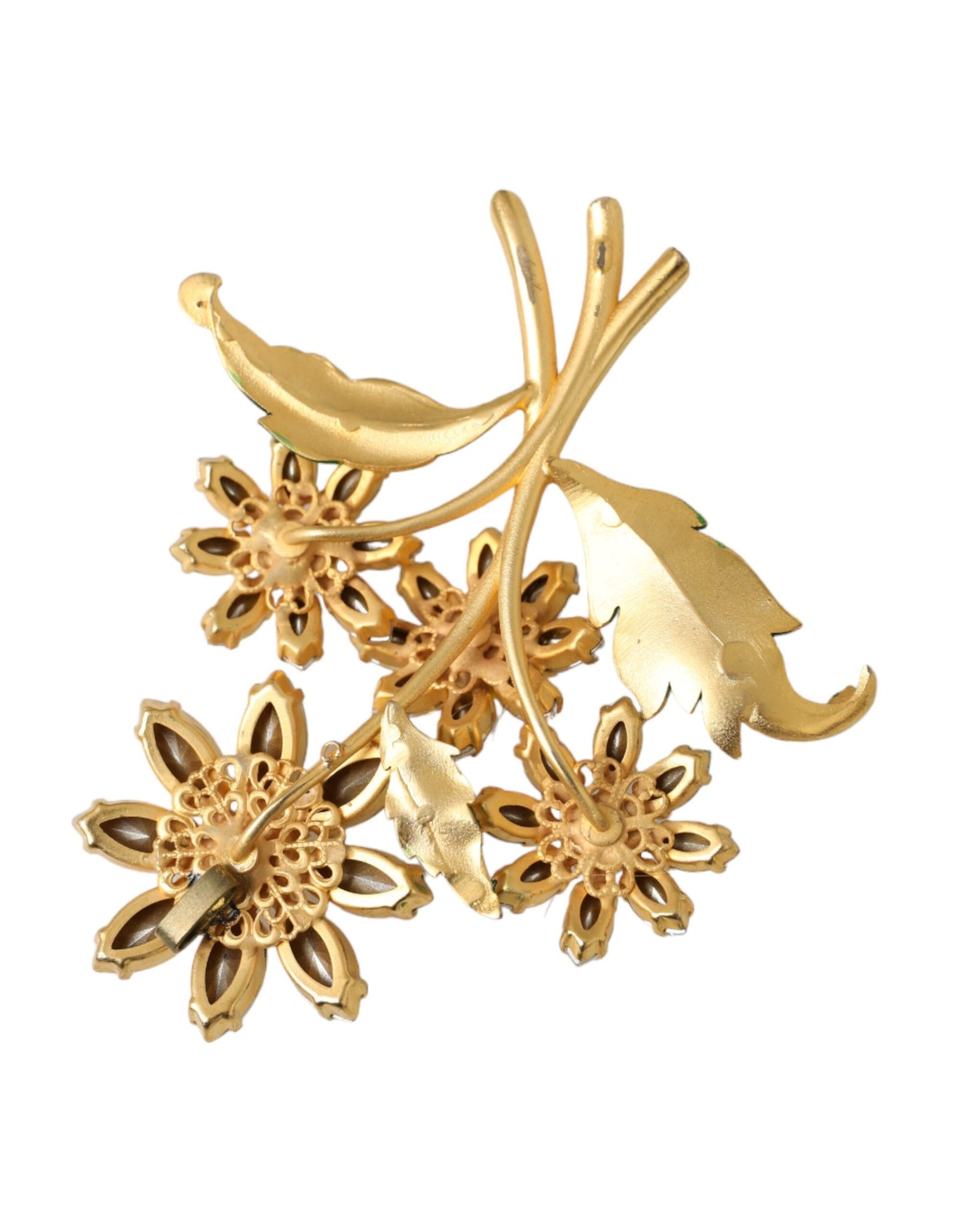 Dolce &amp; Gabbana Gold Yellow Green Filigree Flower Crystals Brooch Pin