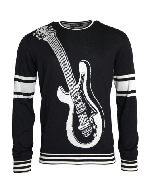 Dolce &amp; Gabbana Black and White Guitar Print Silk Sweater