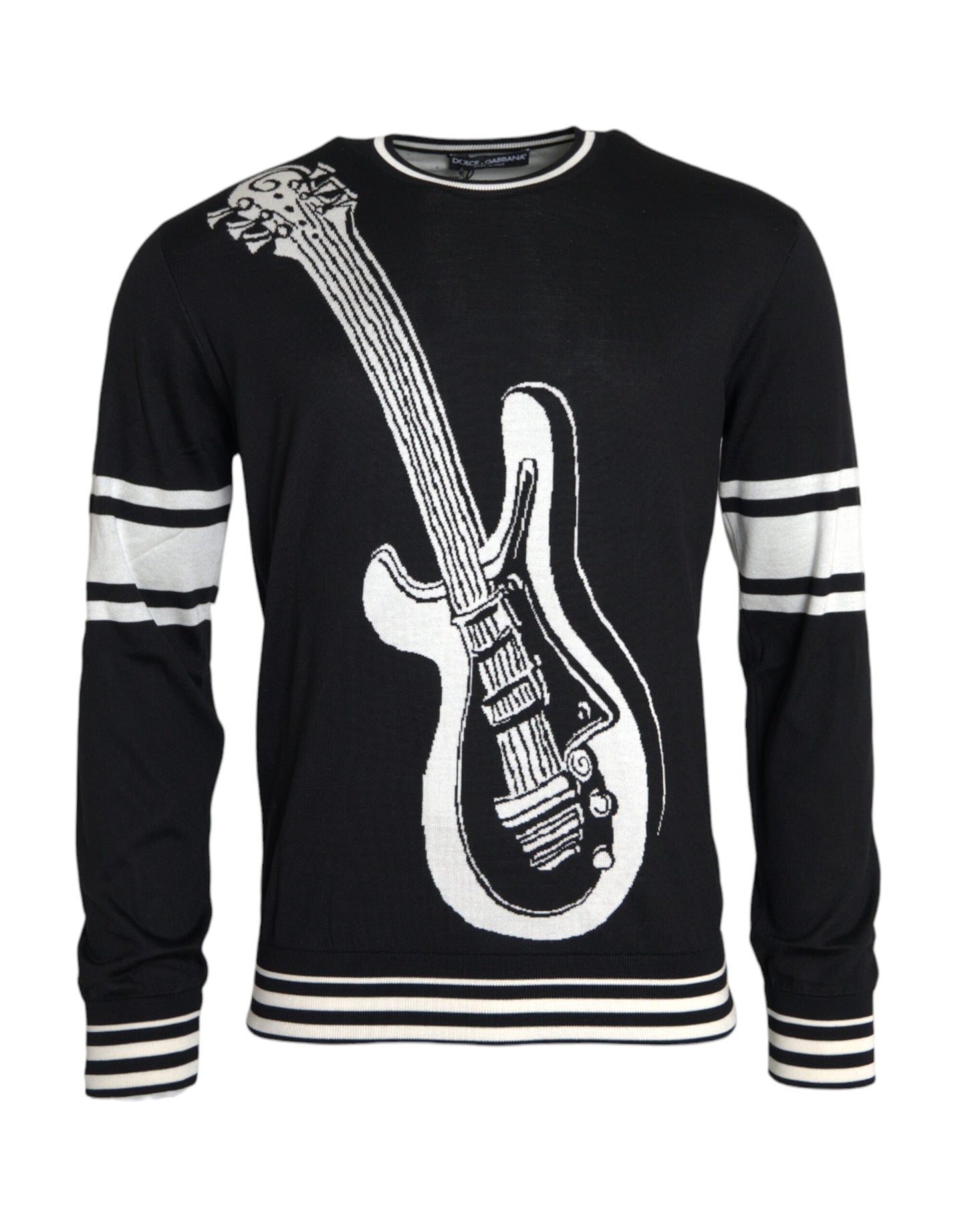 Dolce &amp; Gabbana Black and White Guitar Print Silk Sweater