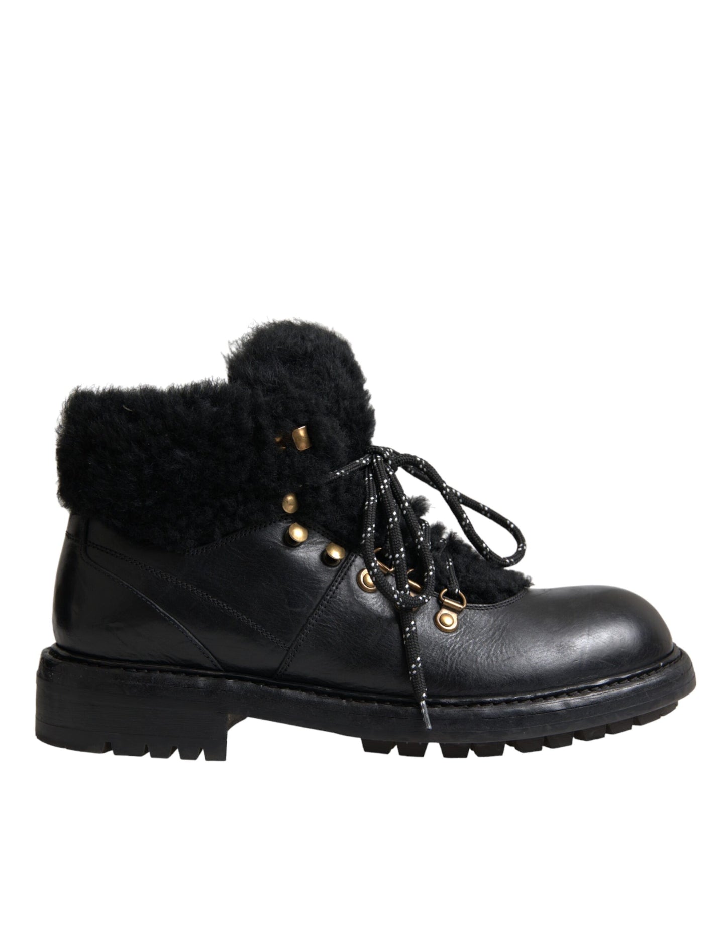 Dolce &amp; Gabbana Black Leather Bernini Shearling Boots Shoes