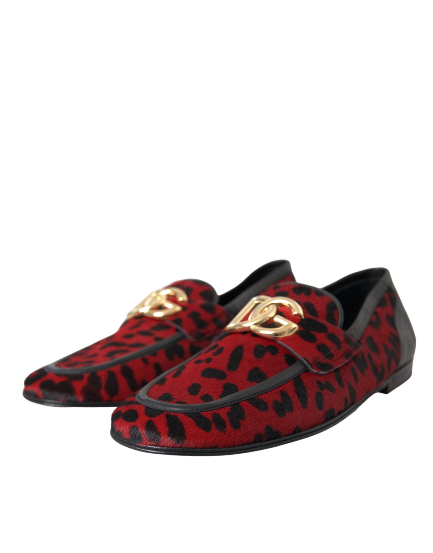 Dolce &amp; Gabbana Red Black Leopard DG Loafers Formal Men Shoes