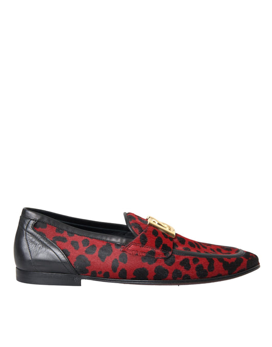 Dolce &amp; Gabbana Red Black Leopard DG Loafers Formal Men Shoes