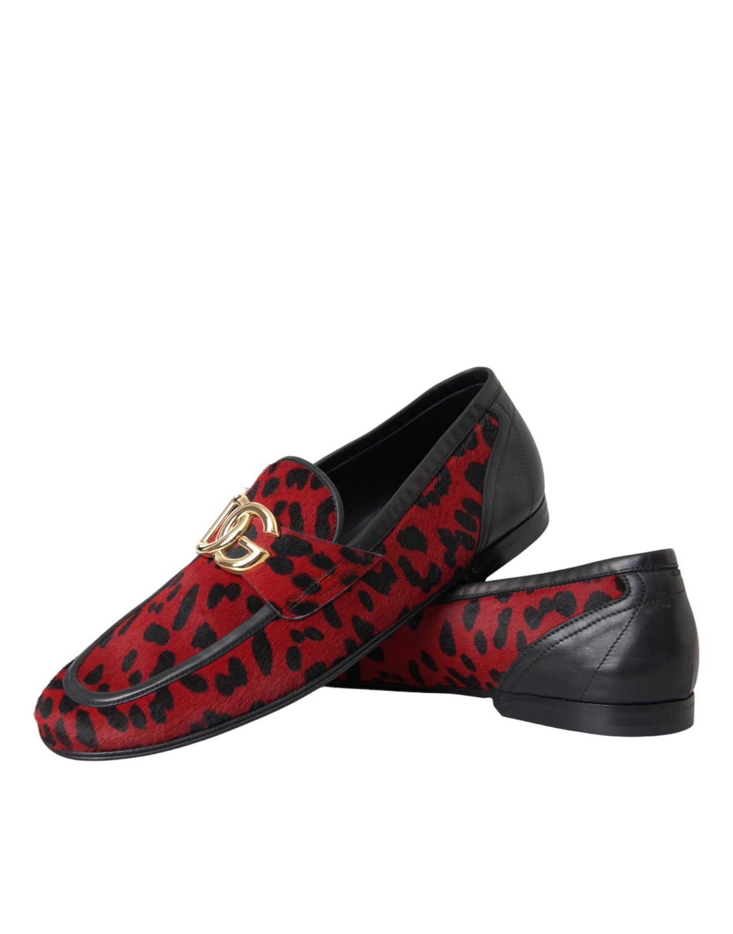 Dolce &amp; Gabbana Red Black Leopard DG Loafers Formal Men Shoes