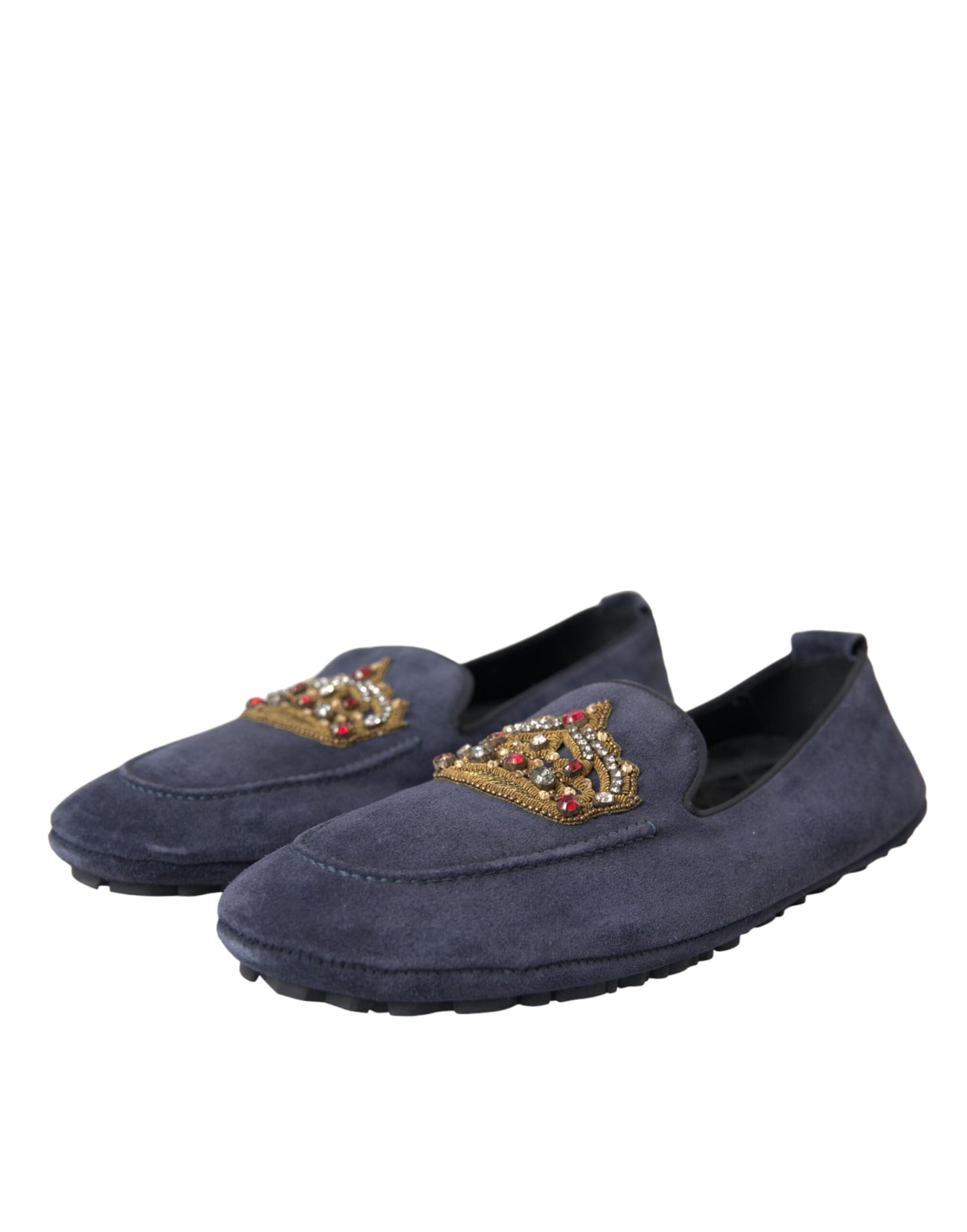 Dolce &amp; Gabbana Blue Leather Suede Crystal Crown Loafers Shoes