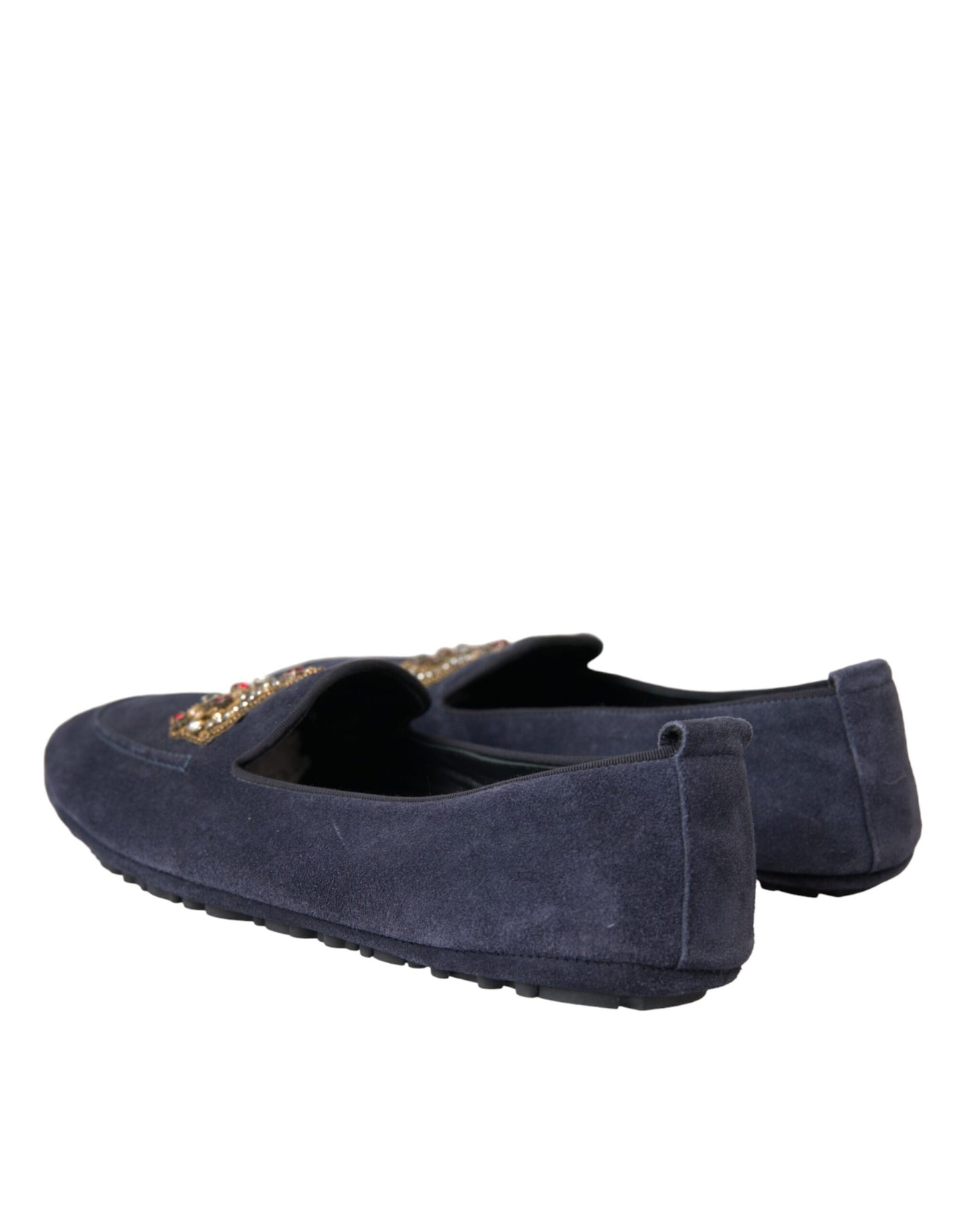 Dolce &amp; Gabbana Blue Leather Suede Crystal Crown Loafers Shoes